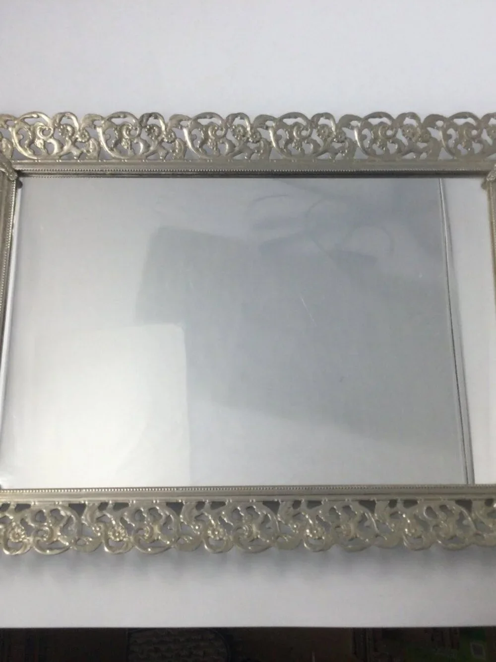 VTG Hollywood Regency Mirror Vanity Tray Filigree Ornate 14”X 10” Silver Tone
